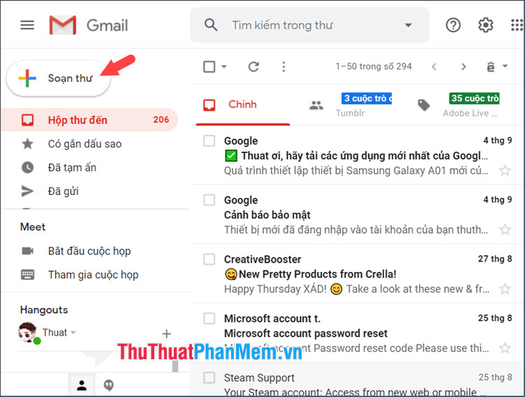 Mở hộp thư đến Gmail của bạn và[作成]Nhấp chuột.