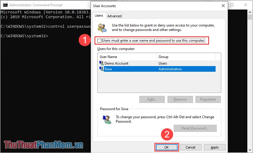 [このコンピューターを使用するには、ユーザーにユーザー名とパスワードの入力を要求する]Bỏ chọn hộp kiểm.