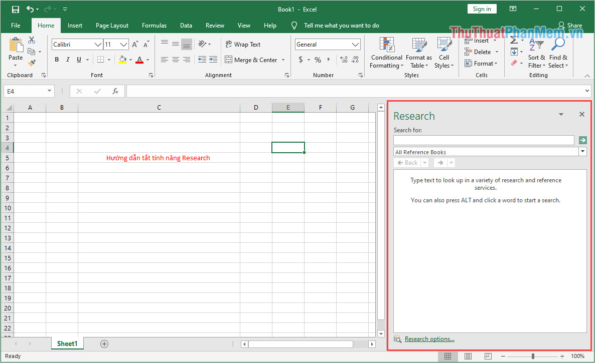 Cách tắt Research trong Excel