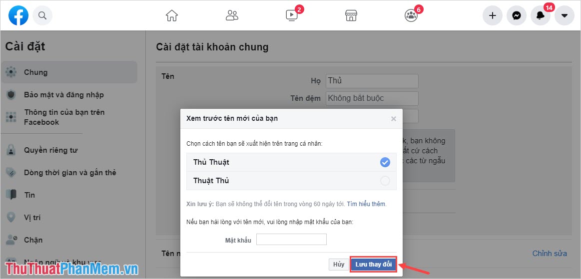 Chọn cách sắp xếp tên hiển thị và nhập mật khẩu để hoàn tất việc thay đổi tên trên Facebook