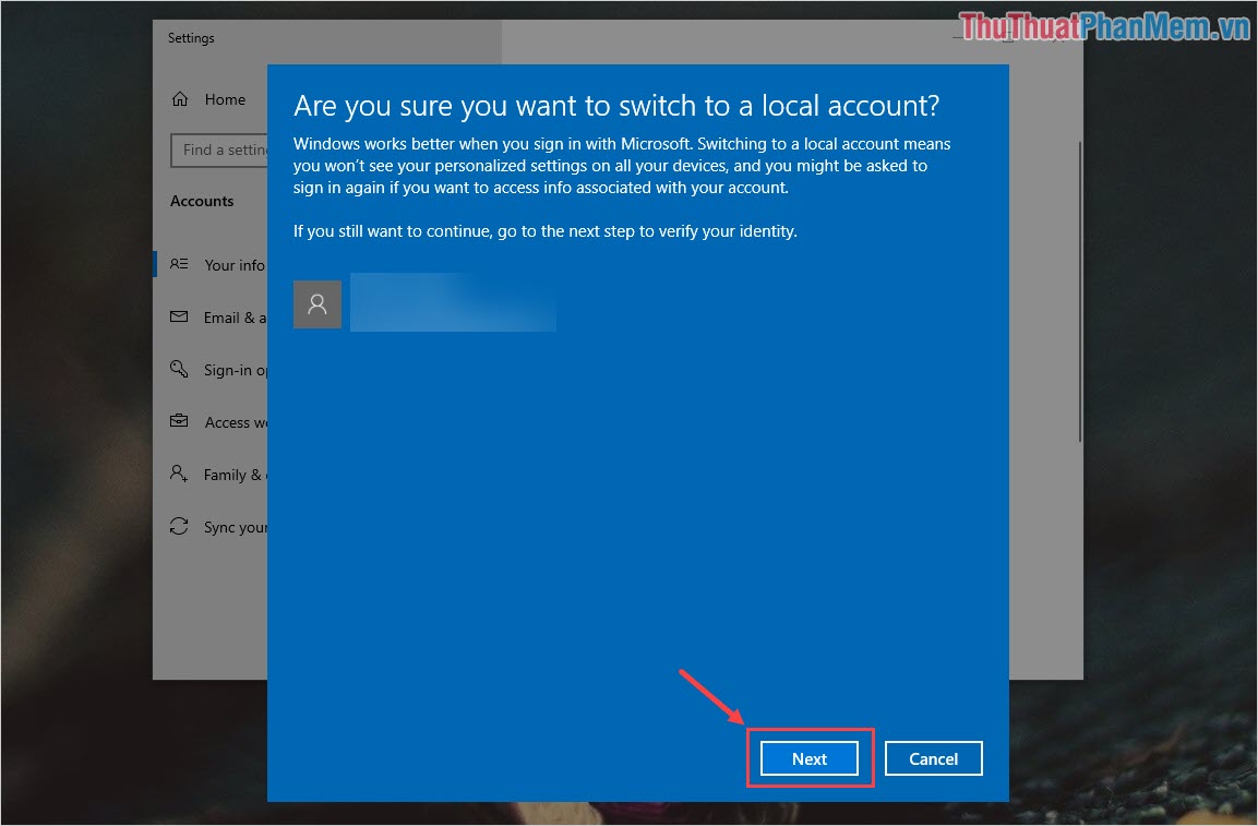 Nếu bạn cần đăng xuất khỏi đúng tài khoản Microsoft,[次へ]để tiếp tục.