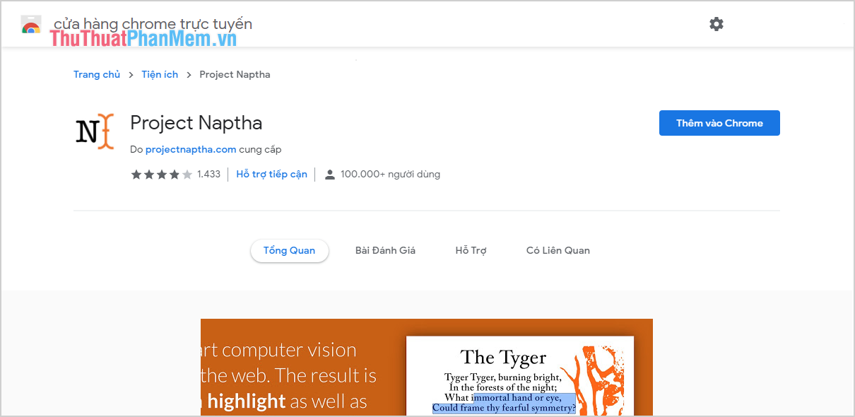 Tiến hành truy cập trang chủ Project Naptha và chọn Thêm vào Chrome để cài đặt tiện ích