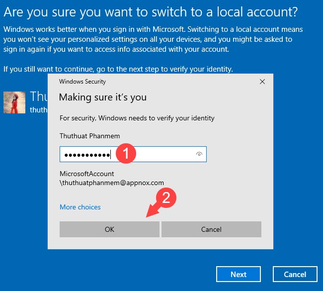 Bạn nhập mật khẩu của tài khoản Microsoft và nhấn OK để xác minh
