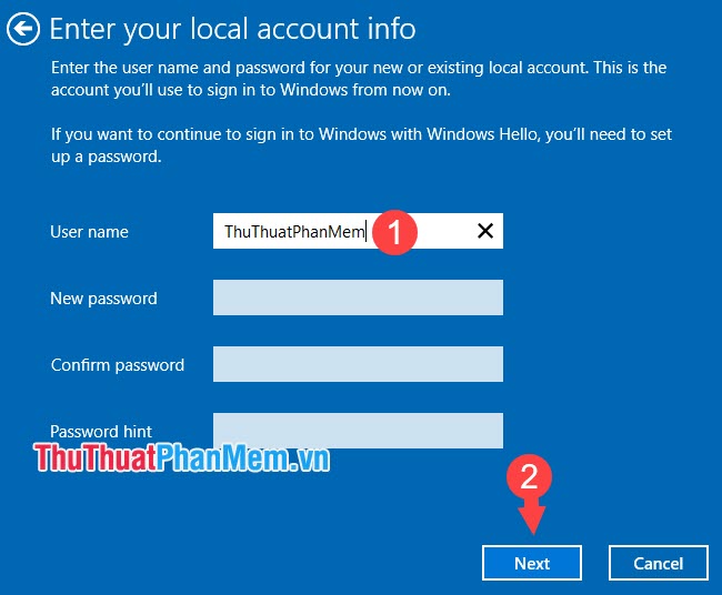 Nhập tên tài khoản và mật khẩu mới của bạn