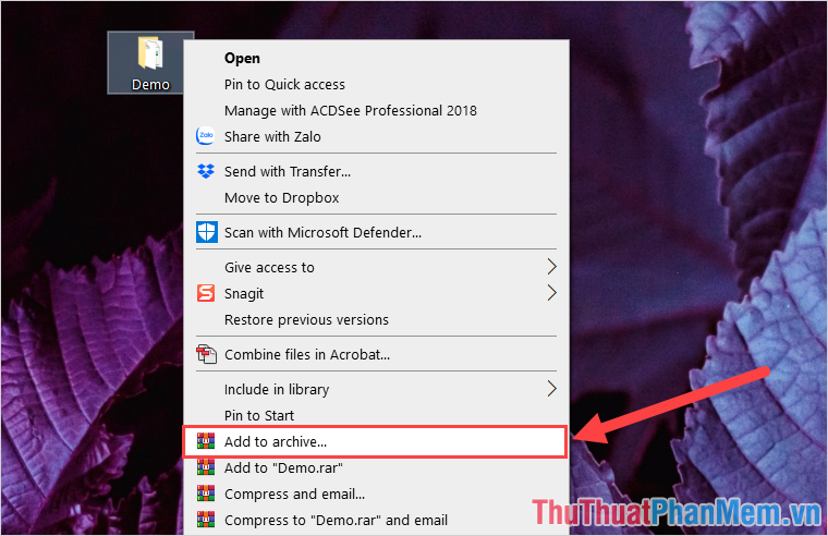 Click chuột phải vào file folder cần nén và chọn mục Add to archive
