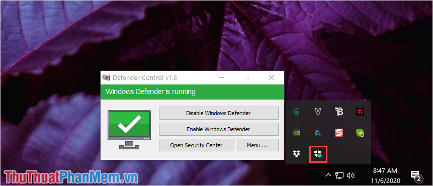 Defender Control sẽ tự động mở trên máy tính của bạn và Windows Defend sẽ được bật theo mặc định.