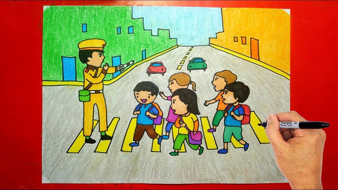 Bức ảnh chụp chú an toàn đường bộ, chú công an dắt trẻ em qua đường