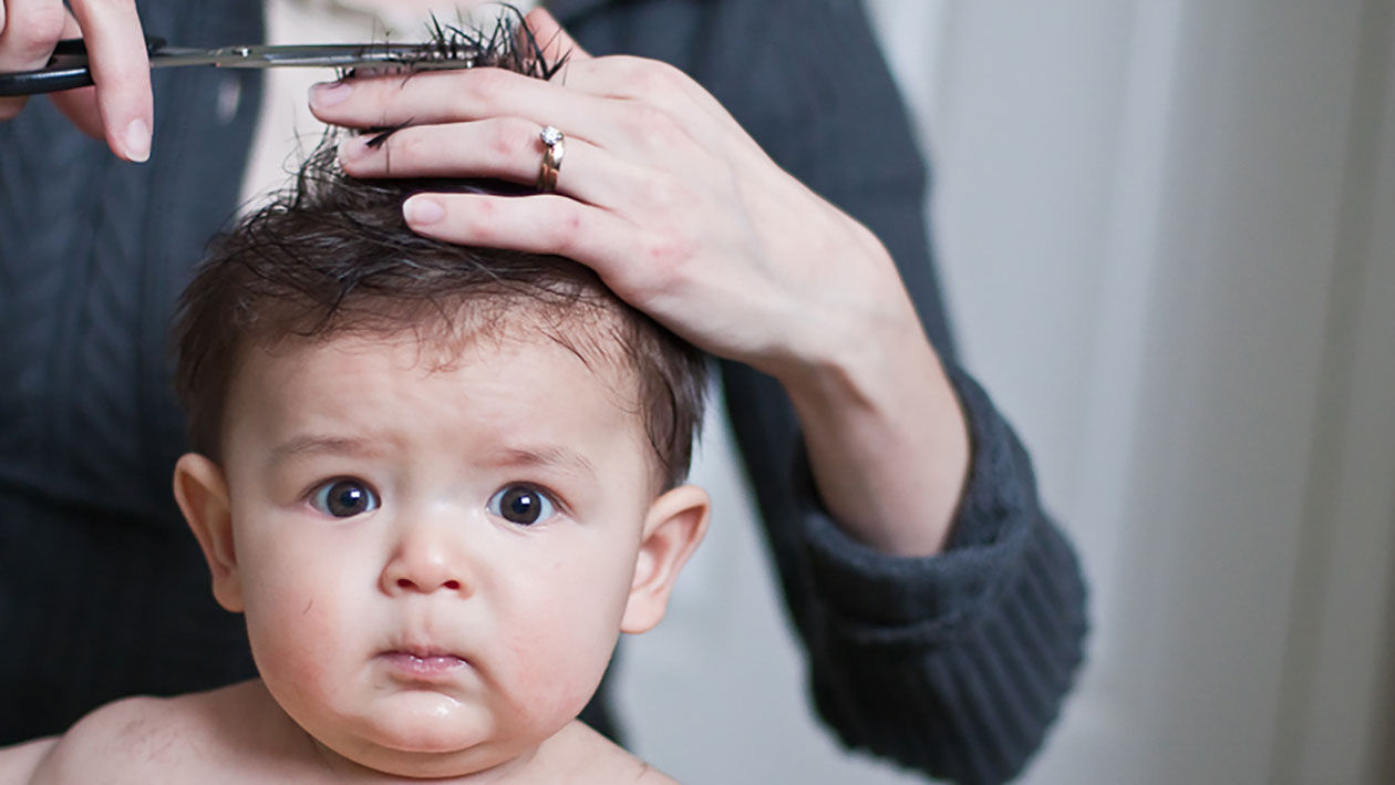 Hình ảnh đứa bé tròn mắt đang được cắt tóc