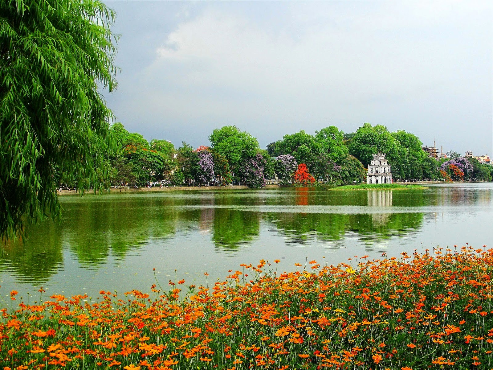 Hình ảnh Hồ Gươm bồn hoa màu cam