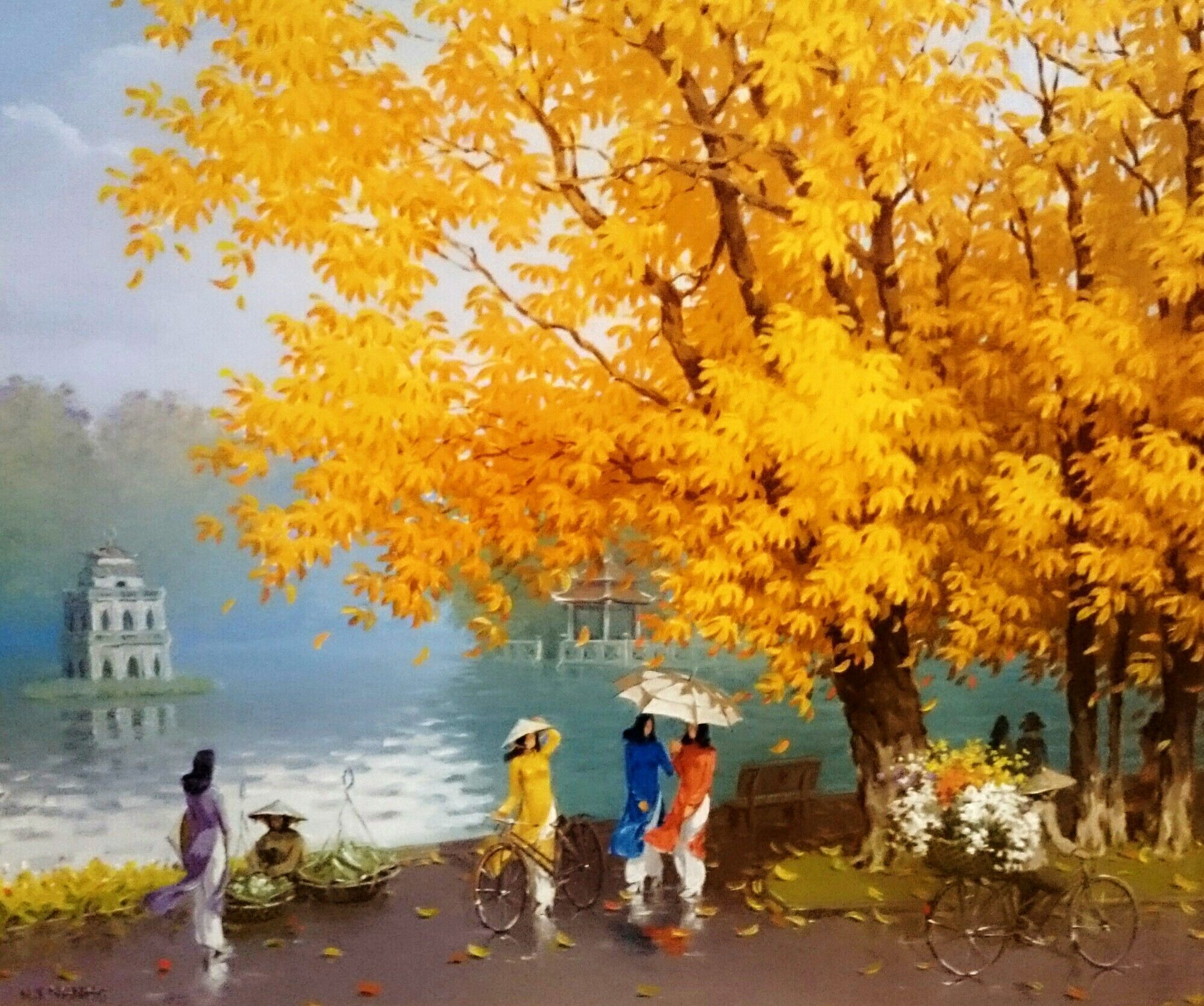 Bức tranh Hồ Gươm cây cối lá vàng đẹp như tranh vẽ
