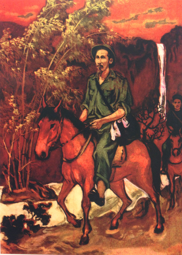Hình ảnh tranh vẽ Bác Hồ cưỡi ngựa ở chiến khu