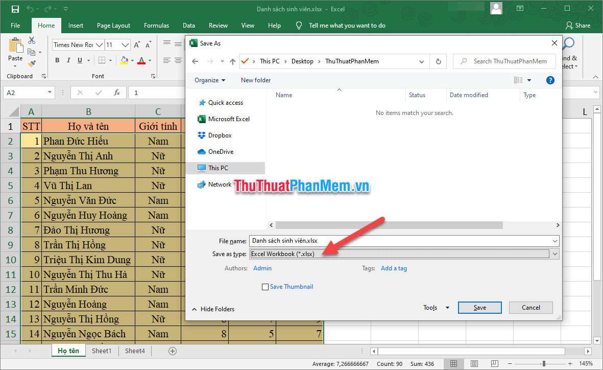 Để lưu file với đầy đủ định dạng văn bản thì các bạn cần phải để Save as type là Excel Workbook