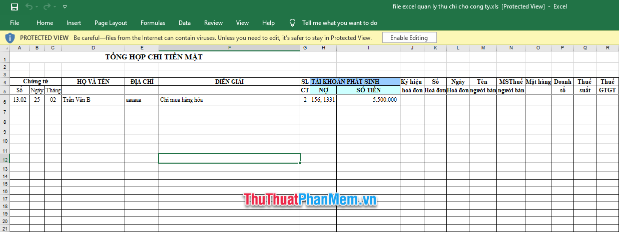 Demo file Excel quản lý thu chi công ty