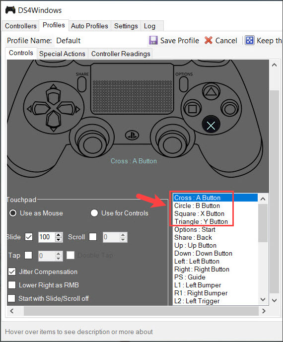 Bạn gán nút bấm tay cầm như ABXY (trên tay Xbox) với phím XOΔ (dualshock 4)