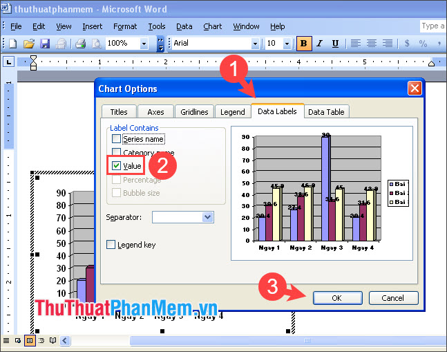 Chuyển qua mục Data Labels rồi tích chọn Value