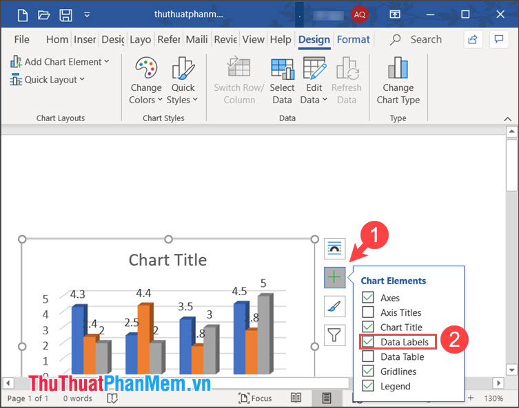 Click vào biểu tượng dấu [+] và chọn Data Labels