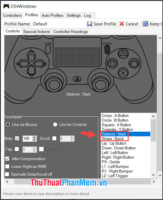 Gán phím Options và Share tương ứng với tay cầm Xbox