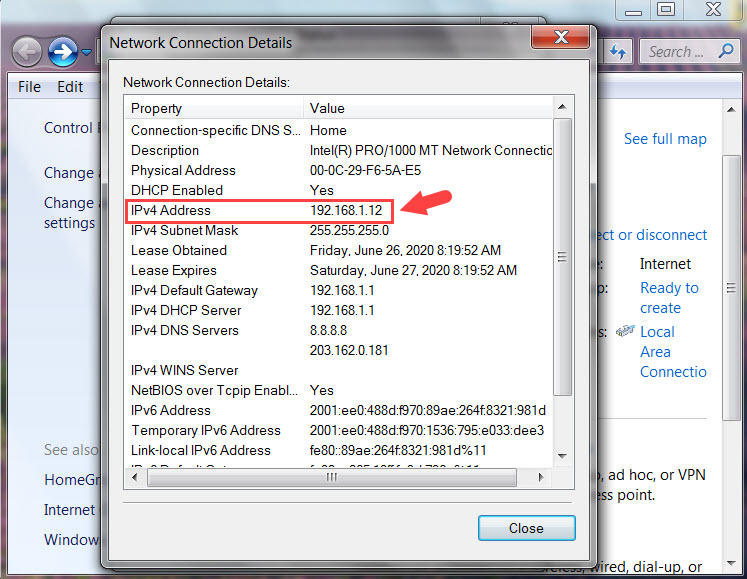 Bạn có thể thấy địa chỉ IP của máy tính nằm ở phần IPv4 Address