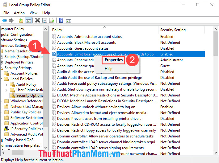 Click chuột phải vào mục Account Limit local account use of blank password to console