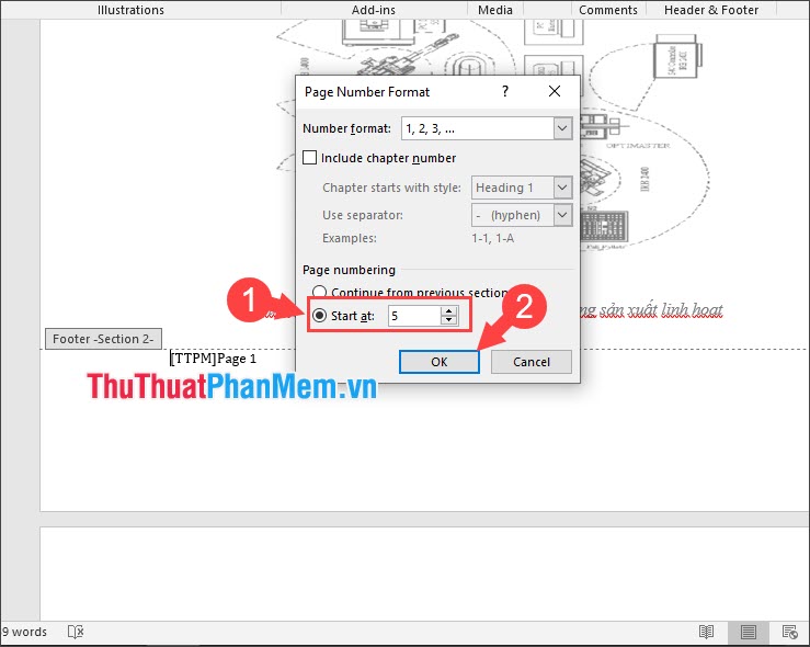 Bạn tích vào Start at và thiết lập số trang tiếp theo