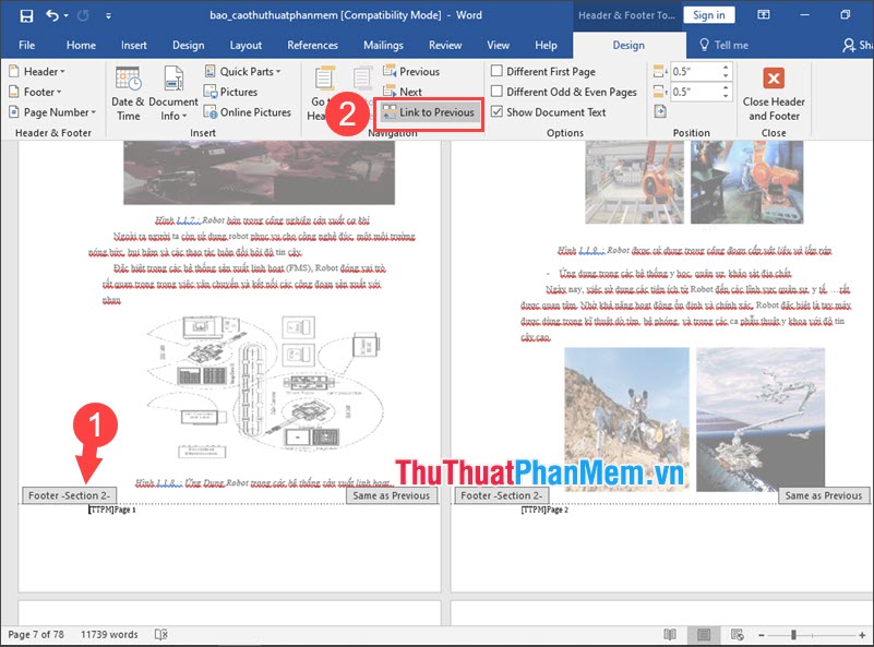 Bỏ tích Link to Previous để xoá số trang trước không ảnh hưởng đến trang sau