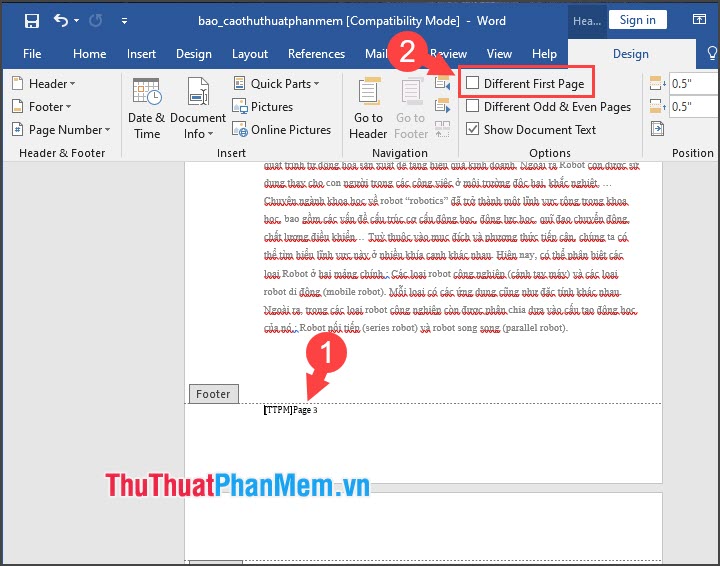Chọn Different First Page