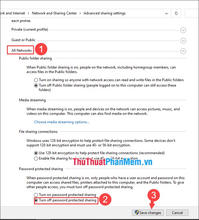 Chọn Turn off password protected sharing