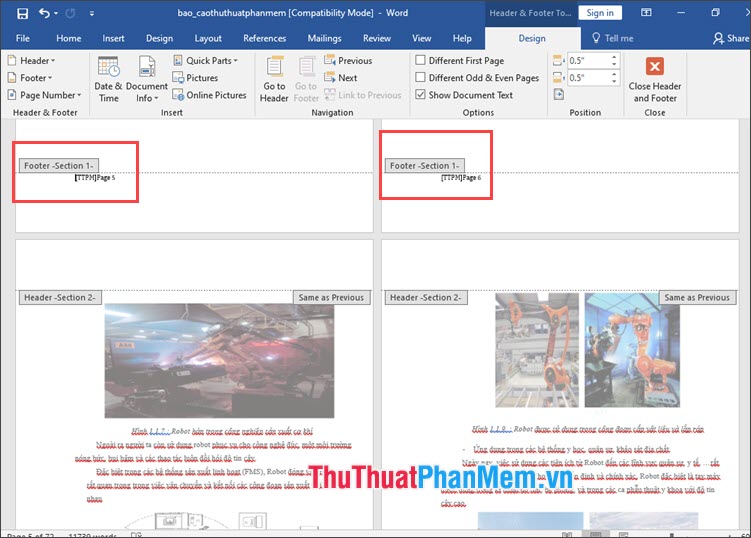Lúc này các trang được chia thành 2 Section riêng biệt