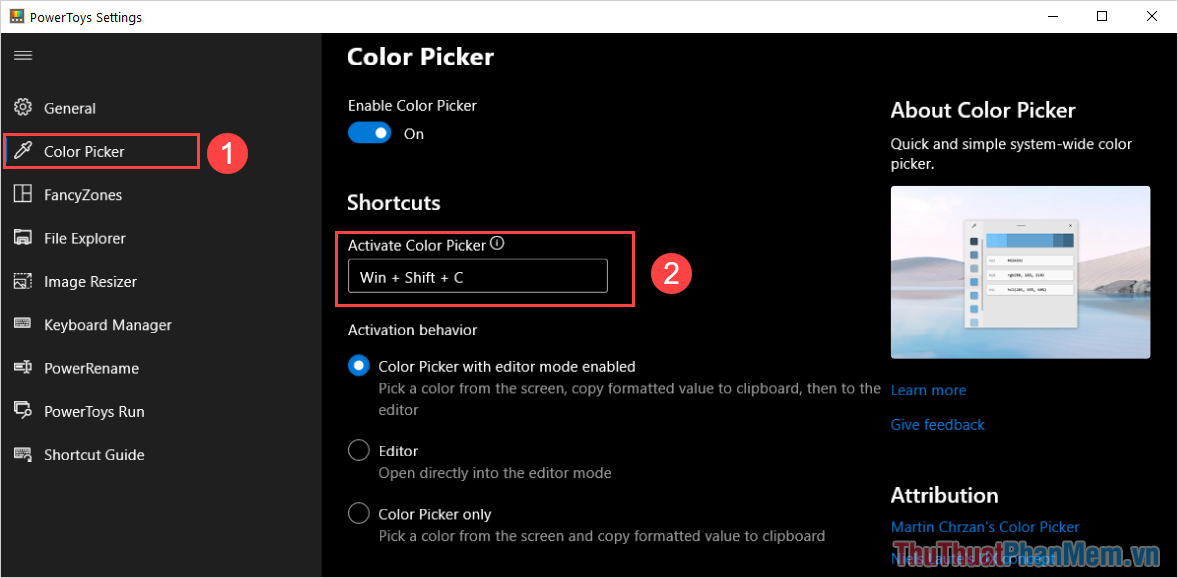 Chọn mục bộ chọn màu để mở công cụ mã màu