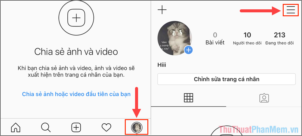 Mở ứng dụng Instagram trên điện thoại để mở Trang cá nhân và chọn Thiết lập