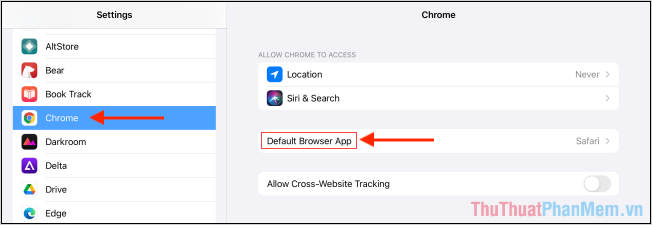 Nhấn vào mục Default Browser App để thay đổi ứng dụng mặc định