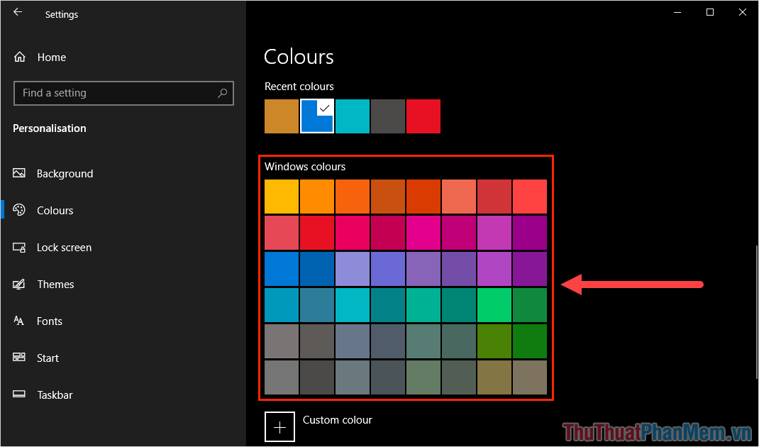[Windows の色]Trong phần này, chọn Màu để thay đổi màu thanh tác vụ.