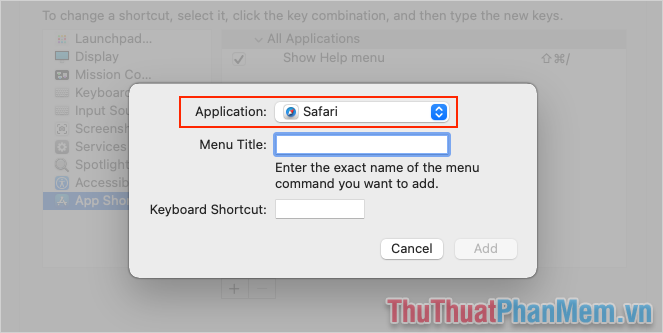 Để tạo liên kết cho trình duyệt Safari,[アプリケーション]Đặt phần này thành Safari.app.
