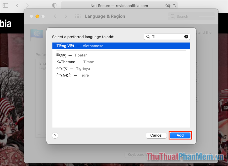 Tìm một ngôn ngữ trong Safari để dịch các trang web sang,[追加]để thêm nó vào hệ thống của bạn.