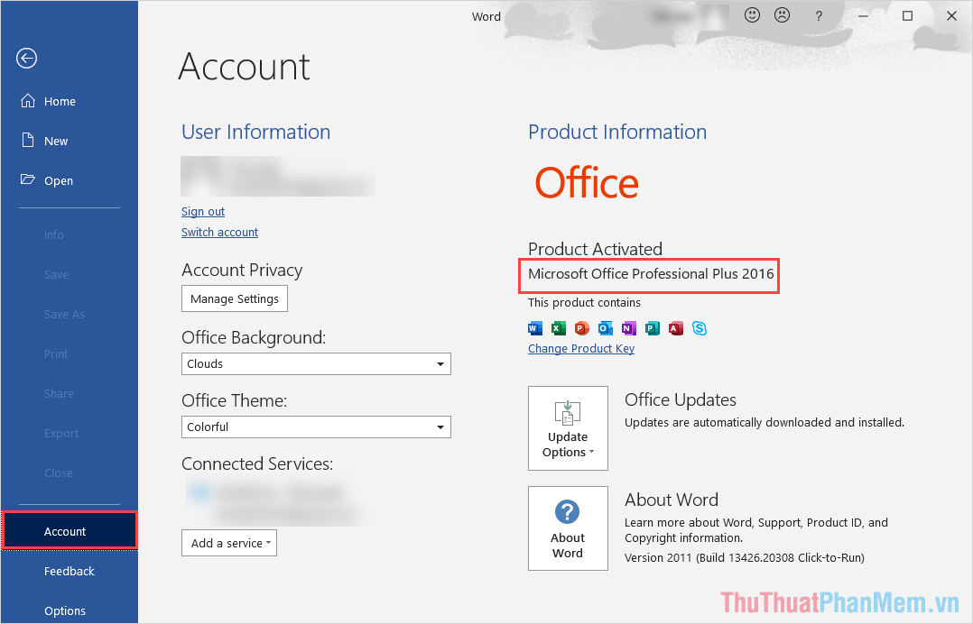 Chọn mục Account để xem phiên bản