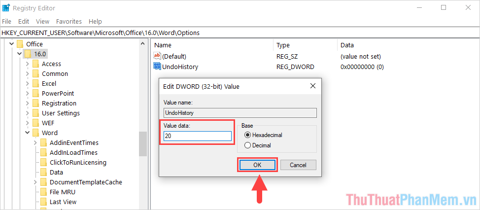 Mở UndoHistory và nhập số lần muốn nhấn Undo vào trong mục Value Data