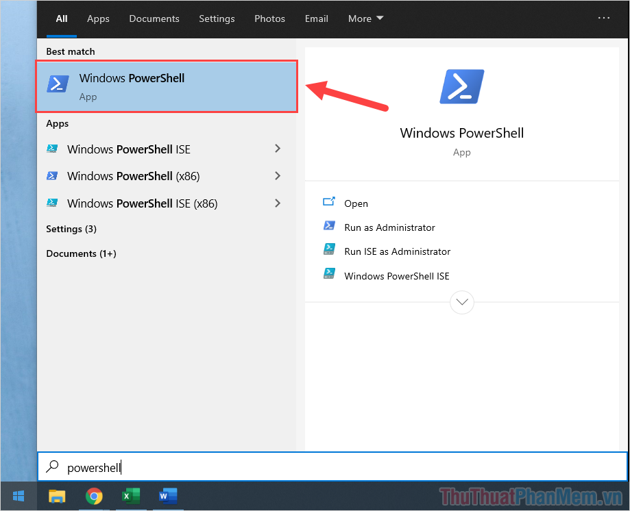 Nhập PowerShell để mở PowerShell trong Windows 10