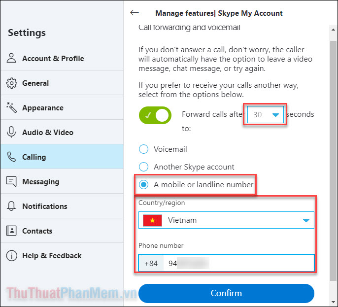 Thiết lập Manage features