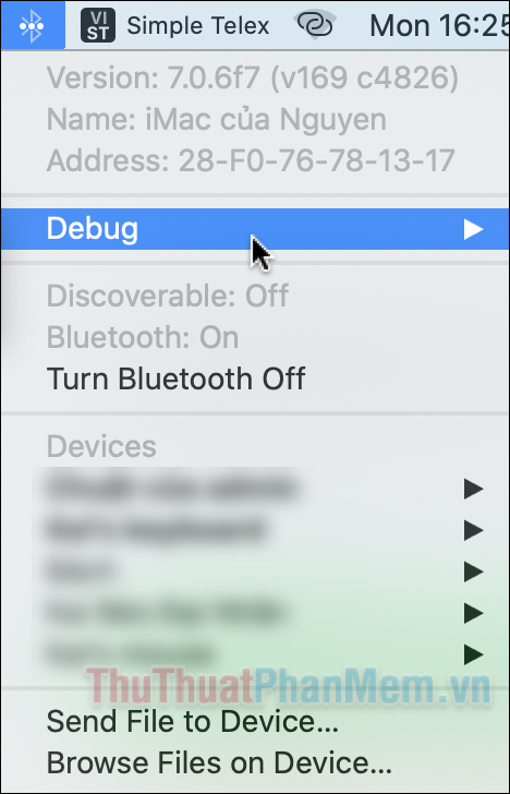 Giữ phím và nhấn vào biểu tượng Bluetooth trên thanh menu