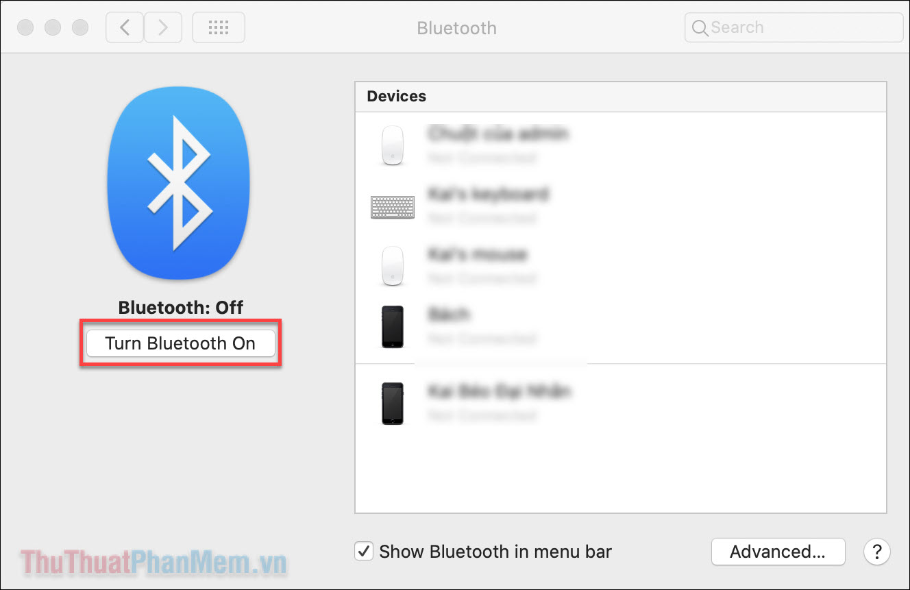 Nếu bạn thấy Bluetooth Off, hãy nhấn Turn Bluetooth On để bật nó lên