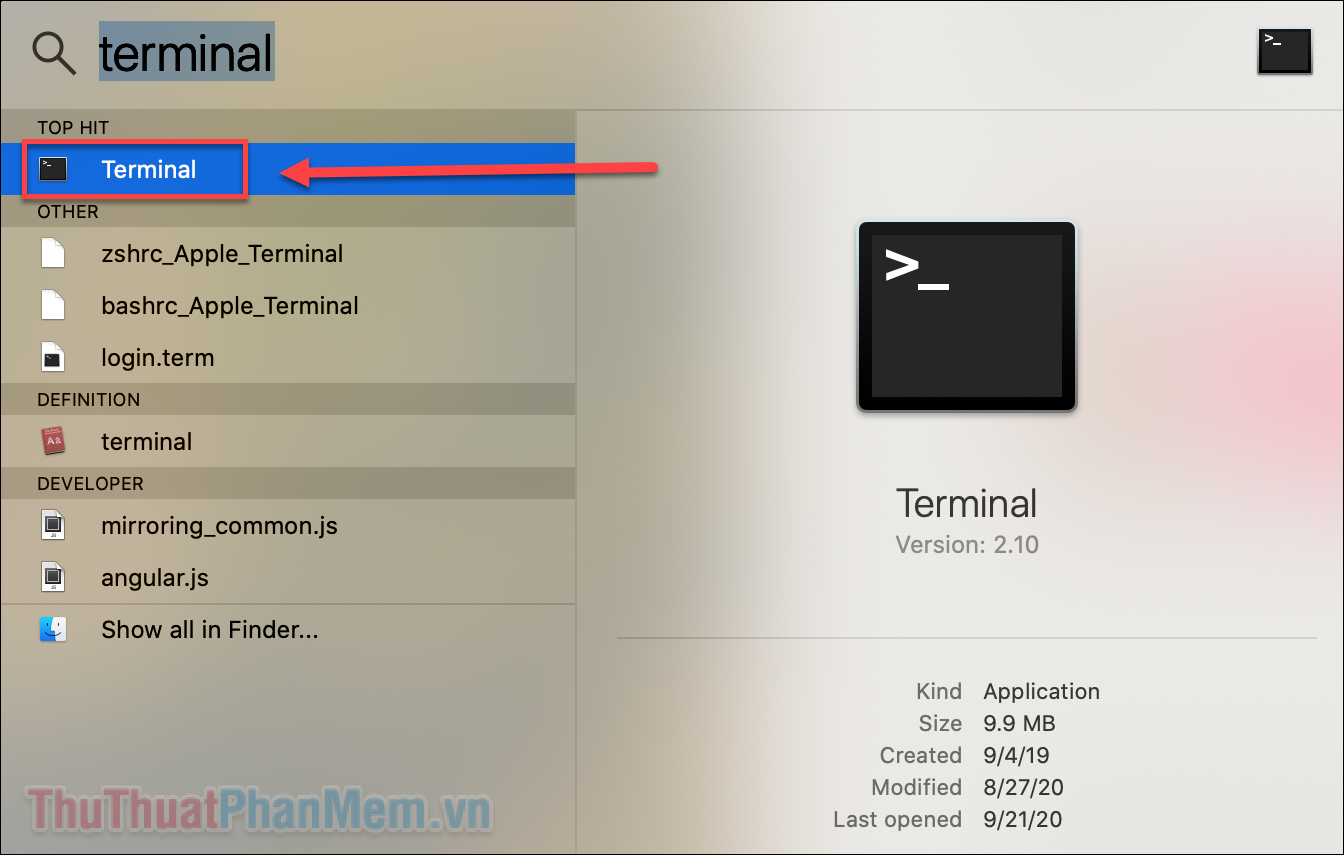 Nhập Terminal vào ô tìm kiếm và mở ứng dụng này