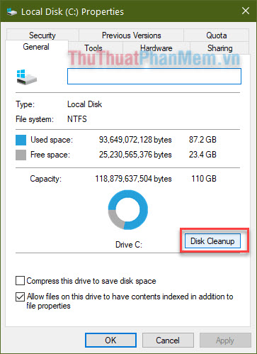 Chọn Disk Cleanup, hệ thống sẽ mất vài phút để thống kê dung lượng có thể được giải phóng