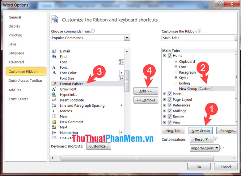 Chọn công cụ Format Painter và click chọn Add