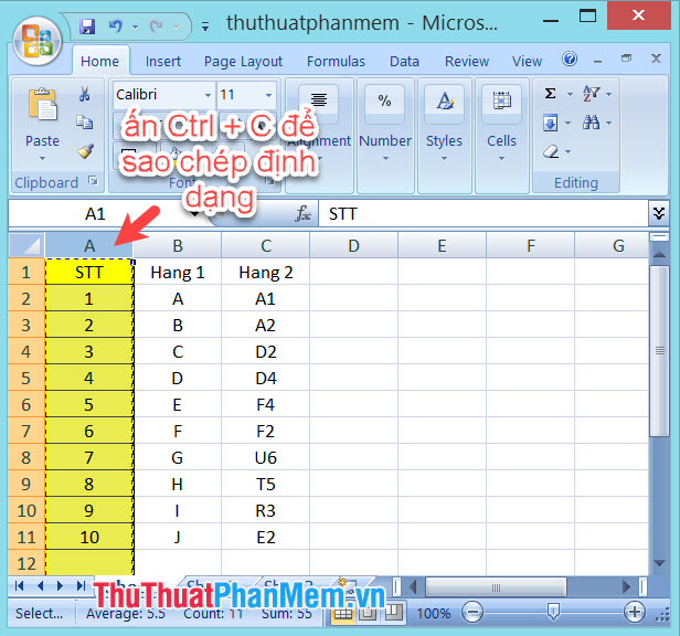 Bạn bôi đen cột, ô dữ liệu và bấm Ctrl + C để chọn lệnh copy