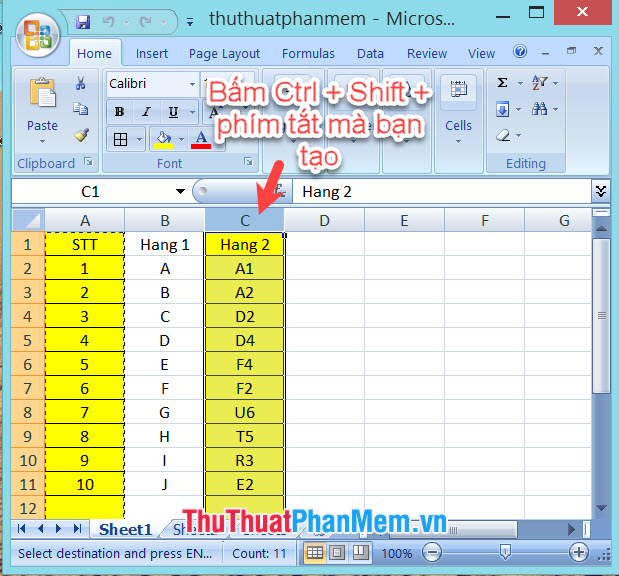 Bạn lựa chọn đến hàng, cột, ô dữ liệu cần đích để sao chép định dạng và bấm tổ hợp phím Ctrl + Shift + phím tắt bạn đặt