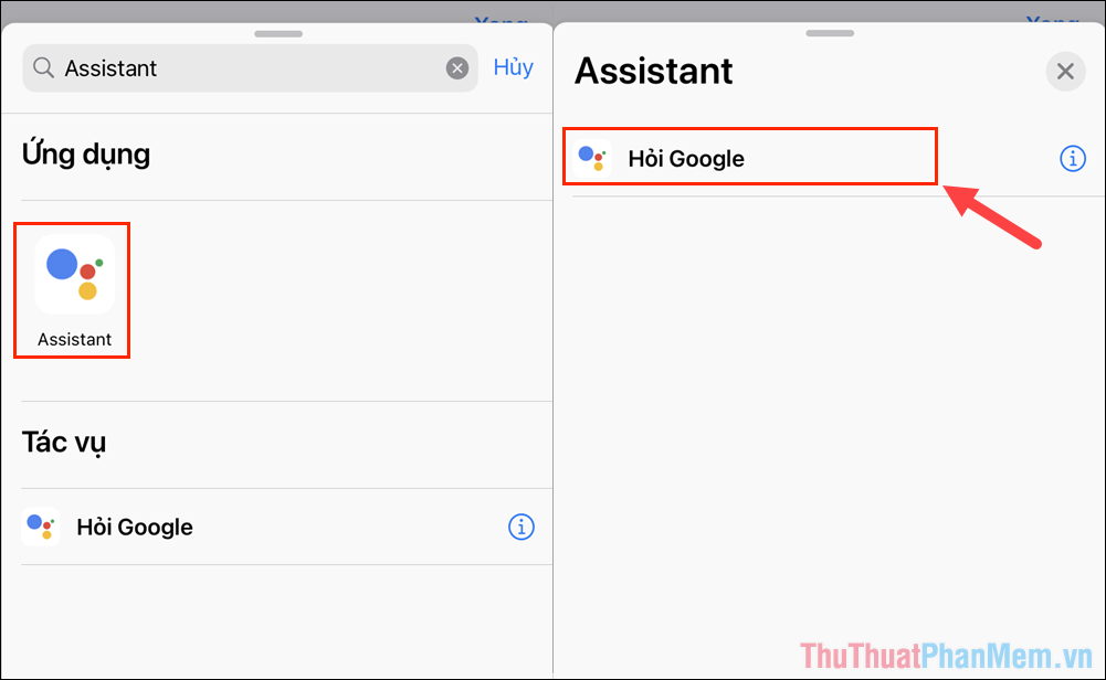 Nhập Assistant và chọn Google Assistant để gán vào phím tắt mới tạo trên iPhone