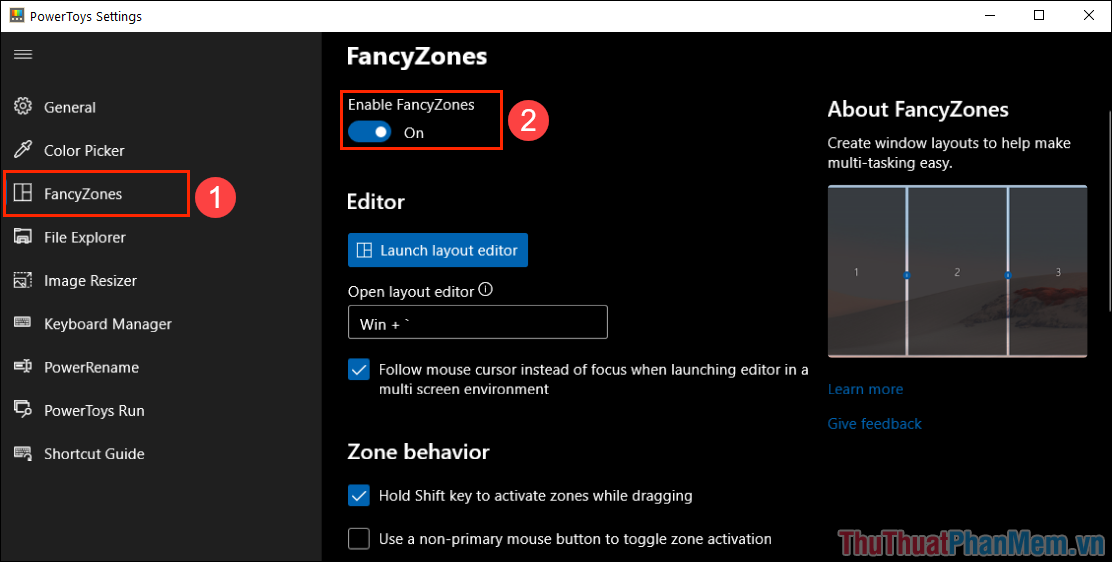 Chọn FancyZones và đánh dấu vào Enable FancyZones để mở chế độ chia đôi màn hình miễn phí