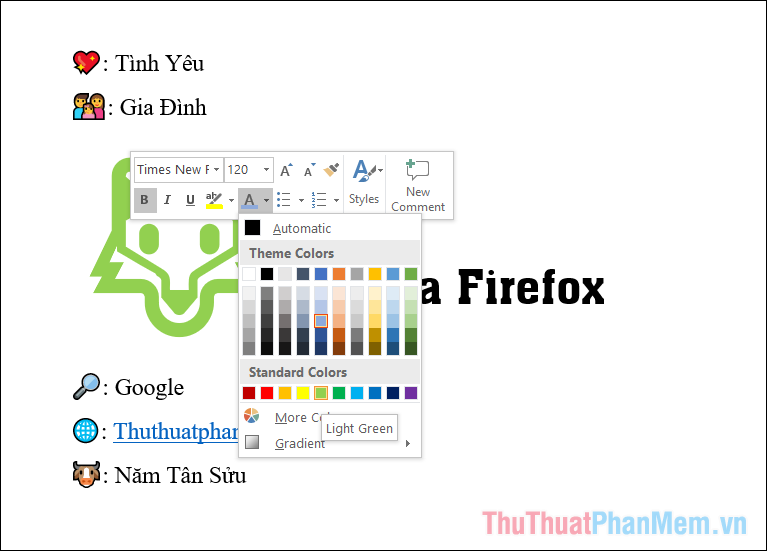 Bôi đen biểu tượng Emoji và chọn màu sắc của chữ để thay đổi