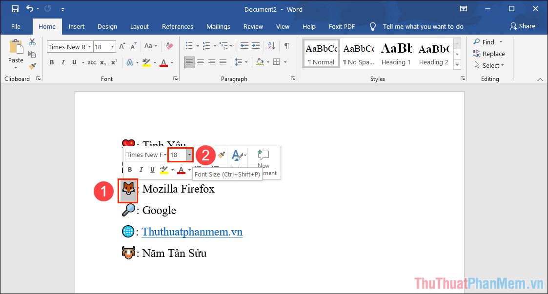Thay đổi kích thước Font chữ