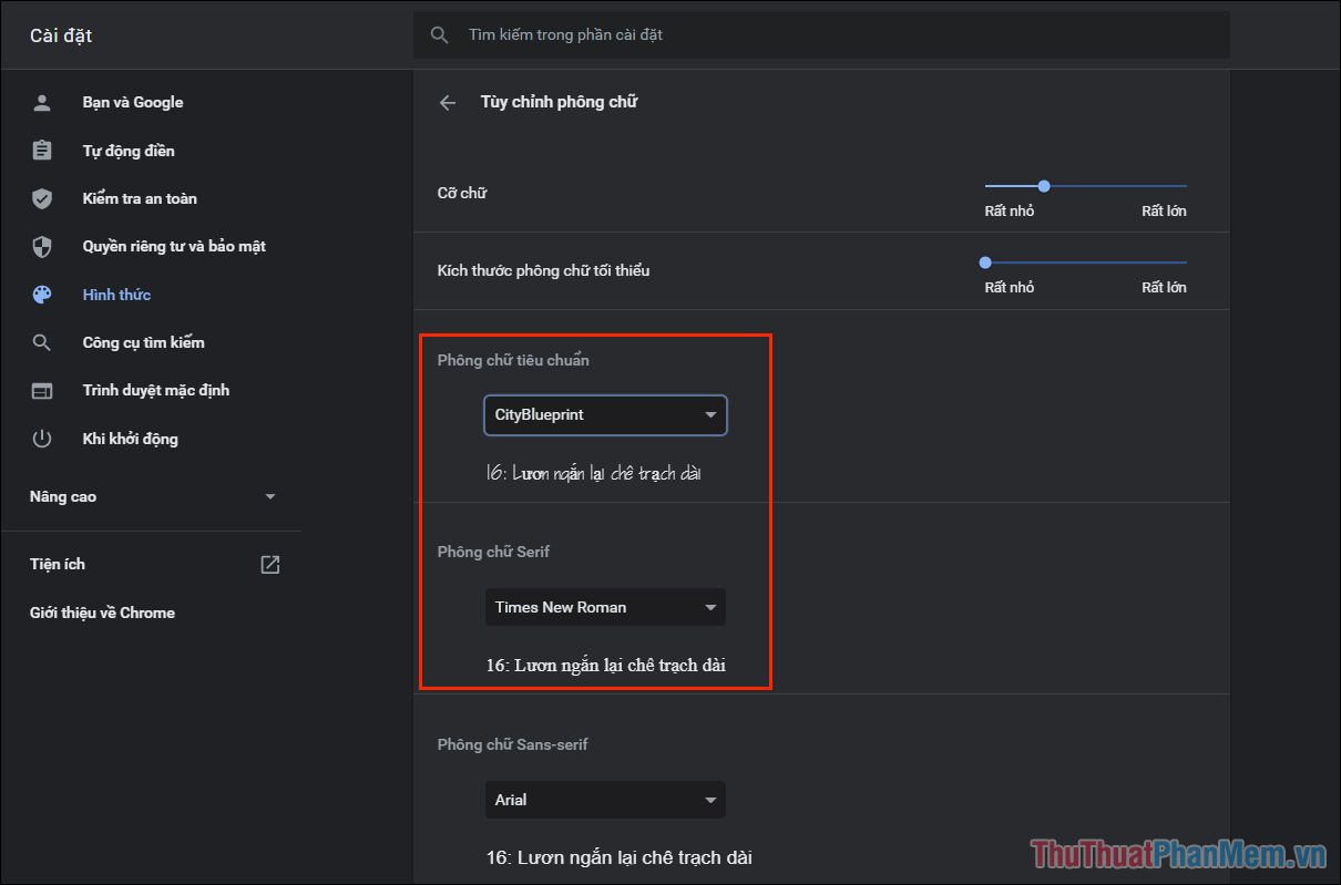 Thiết lập mục Phông chữ tiêu chuẩn và Phông chữ Serif